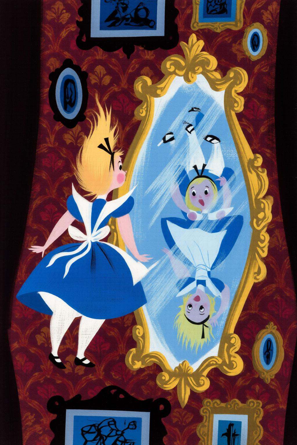 maryblair4q illustration.A girl with blonde hair in a blue dress and white apron looks at the mirror. The large oval mirro...