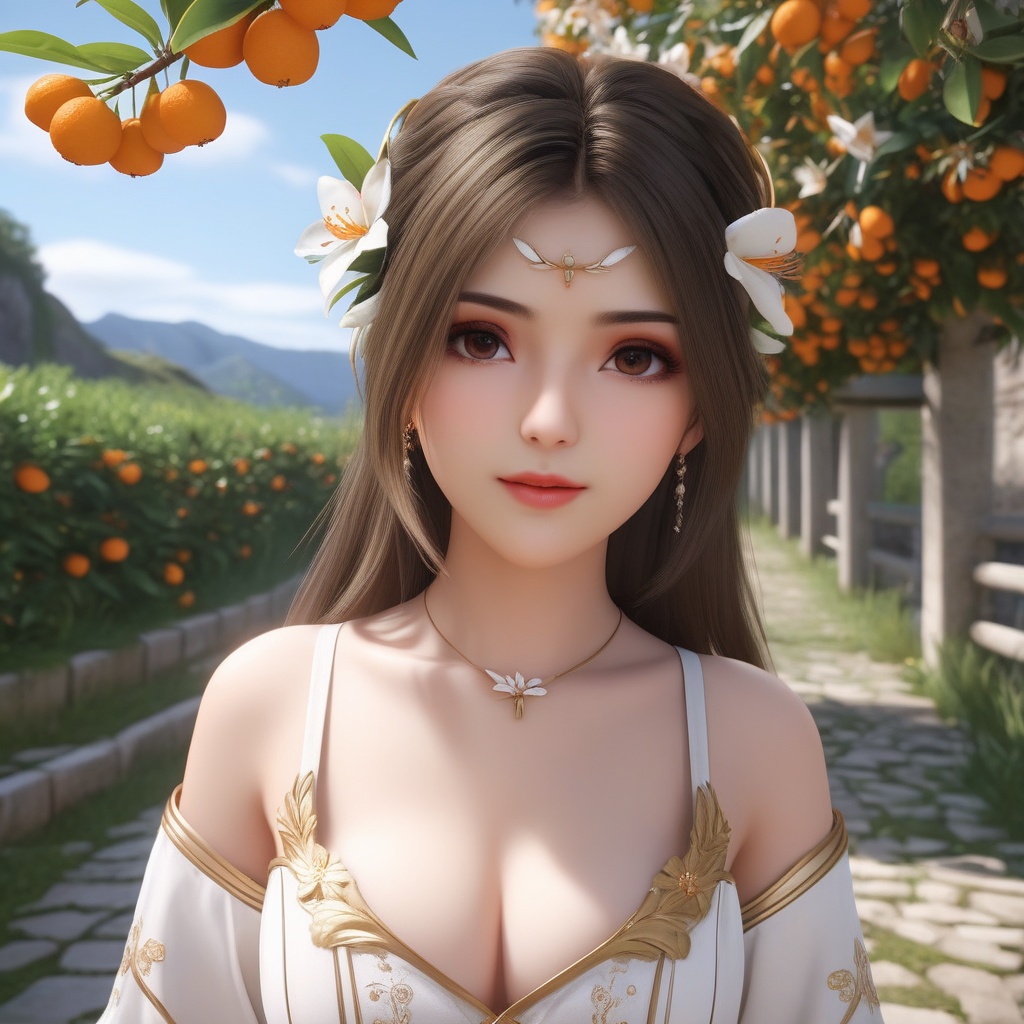 <lora:837-DA-XL-斗罗大陆-千仞雪-幼年:0.8>, (,1girl, ,best quality, ),,  ,ultra realistic 8k cg,, ,masterpiece, (( , )),, ,      ,  orange blossoms,  (cleavage),,  (), ,,