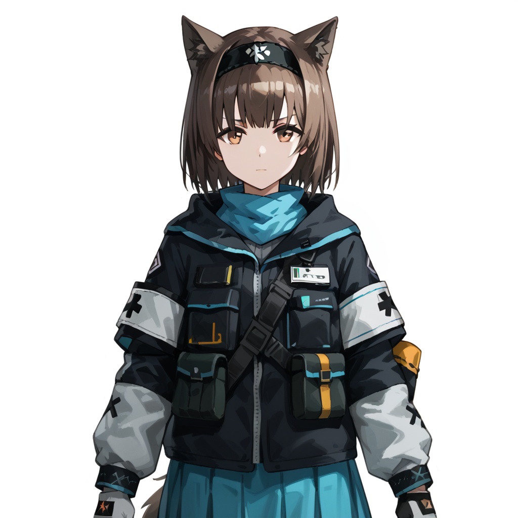 (white background:1.2),looking at viewer,(SOLO:1.4),outline,simple background,upper body, cowboy shot,looking at viewer,(((arms at side))),  Medic/(arknights),uniform, gloves, bare leg, logo, thigh, thighhighs, black headwear, tail, cellphone, miniskirt, neckerchief, black headband, clothes writing, armband, cat ears, thigh strap, thigh holster, shoes, short hair, pleated skirt, jacket, hairband, full body, brown hair, brown eyes, blue skirt, black footwear, bangs, animal ears<lora:medic-pony:0.8>