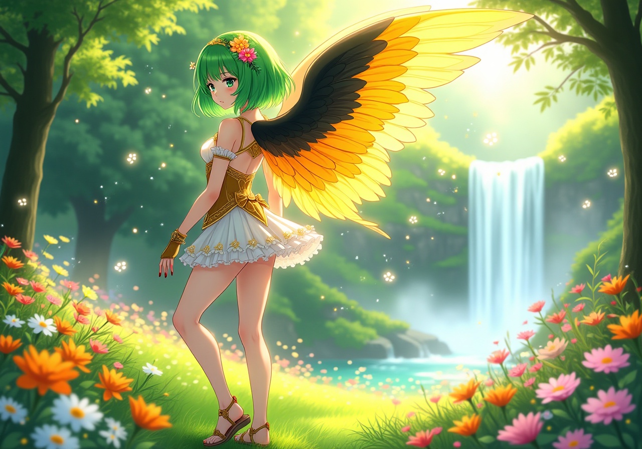 anime style picture,  "manga style image: A airy fantasy angel-winged scandinavian woman with vibrant green hair styled in...