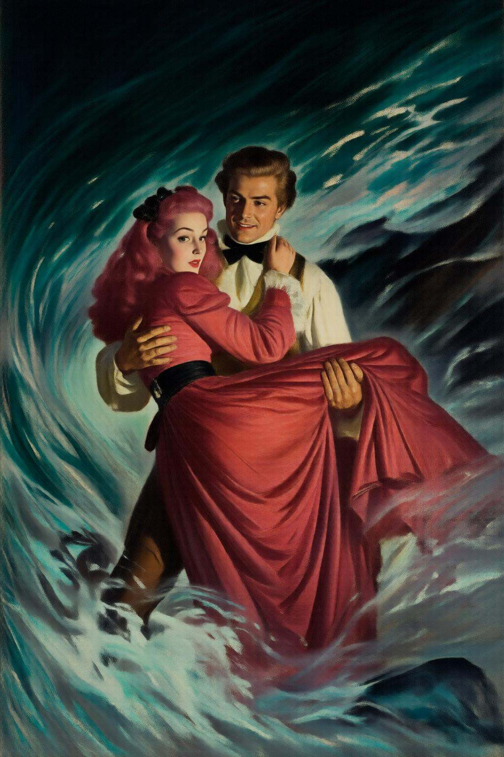 walterbaumhofer2q illustration. A man and a woman,  wearing period clothing,  stand amidst turbulent ocean waves. The woma...