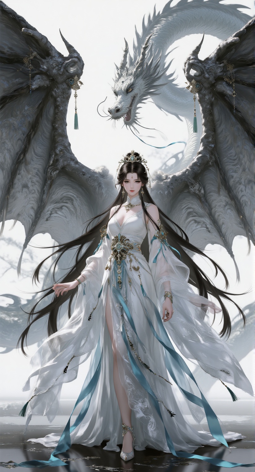 a 3D rendering of a Asian woman in a white dress,  adorned with a crown,  stands in front of a backdrop of a dragon. The w...