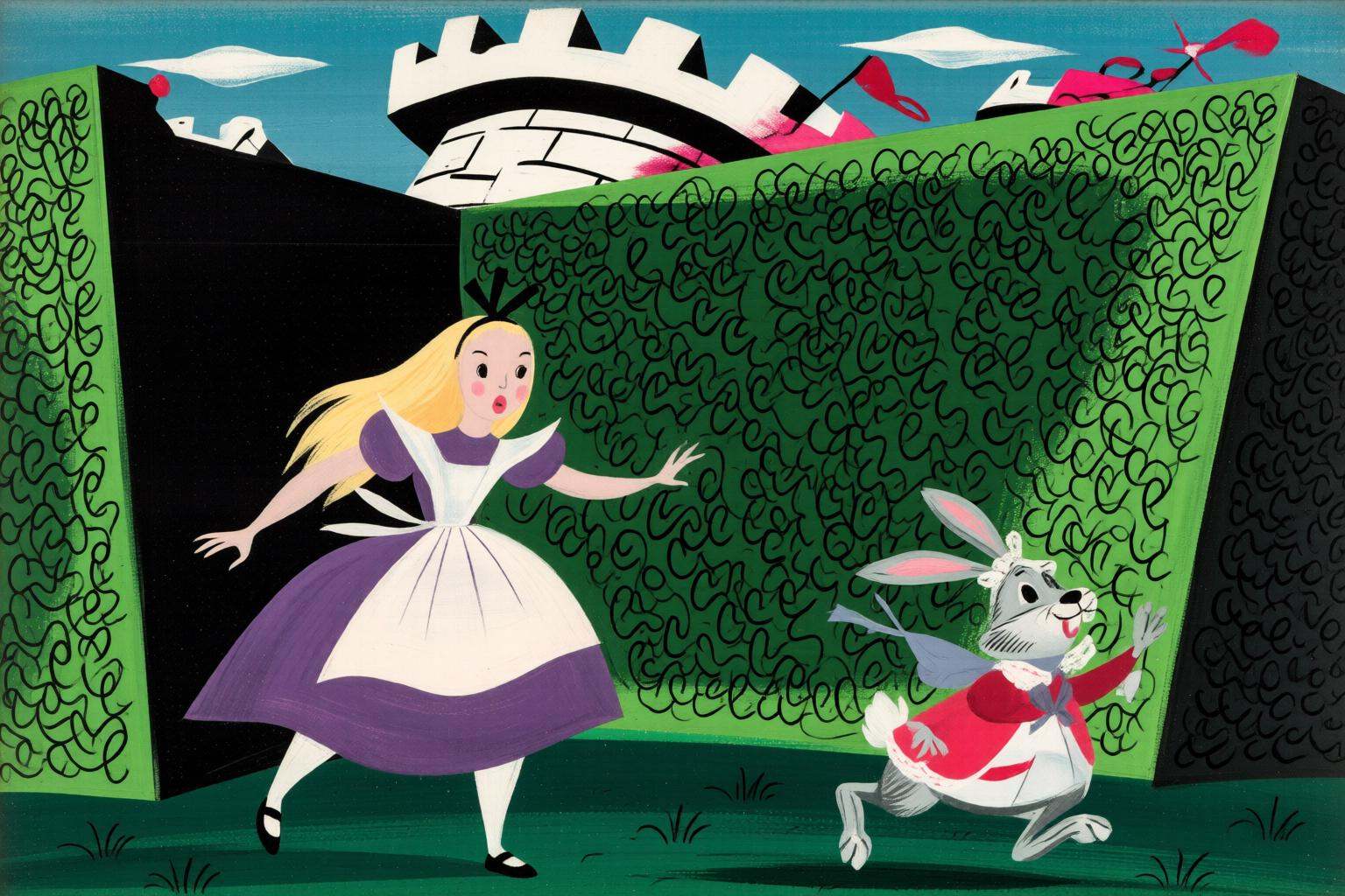 maryblair4q illustration. A girl and a rabbit running inside a hedge maze. On the left,  a girl with long blonde hair in a...