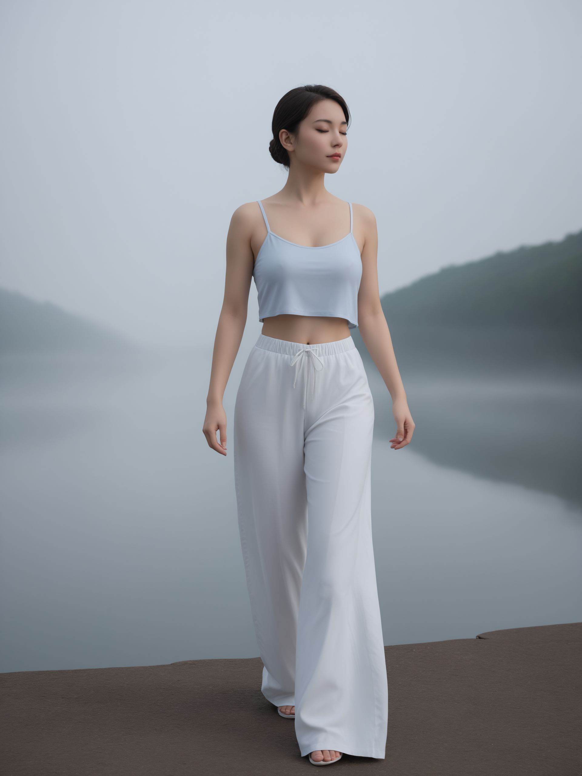 English: Utilizing a misty lilac backdrop to emulate the dawn mist of a summer morning,the model wears a light gray loose-fitting top with white linen pants,appearing as if emerging from the ethereal fog,imbued with a touch of mystique and freshness.,.,best quality,masterpiece,realistic,highres,sharp focus,ultra-fine painting,realistic,cinematic_lighting,light_rays,heart-shaped face,(mouth closed:1.7),