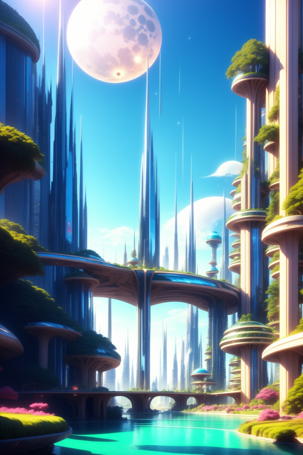 <lora:AgainWonderlandForest:1>,AgainWonderlandForest, scenery, no humans, sky, outdoors, cloud, day, blue sky, building, water, bridge, fantasy, arch, city, sun, moon, waterfall, sunlight, tree, cityscape, pillar, plant, tower, landscape