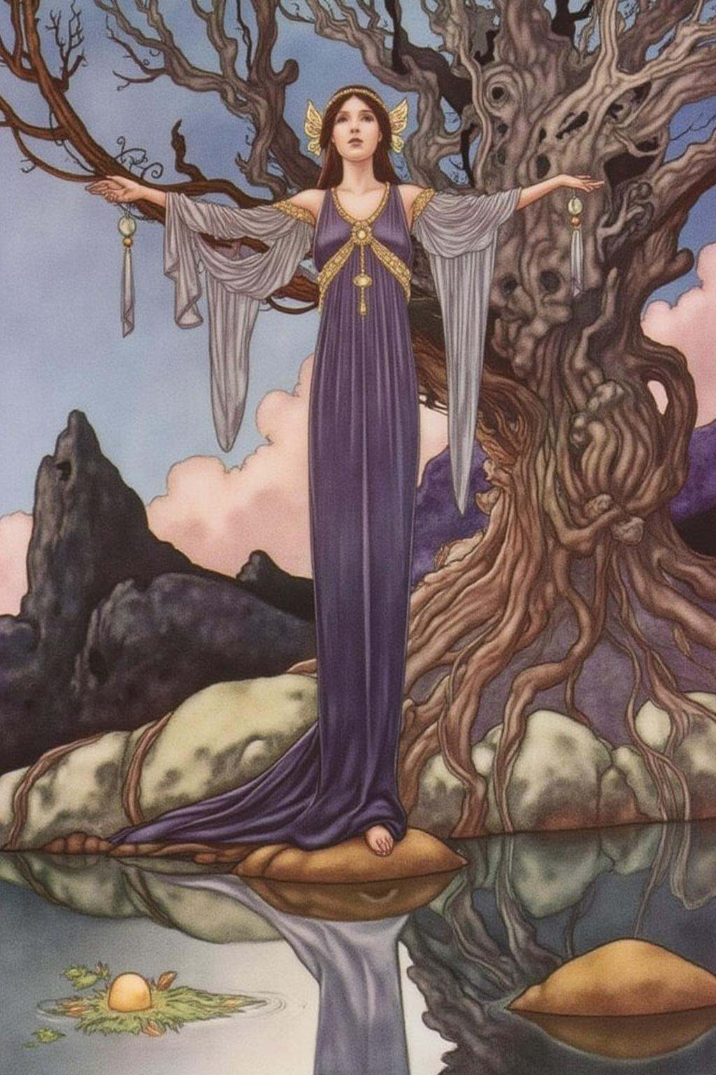 charob1 illustration.A woman standing on a narrow,  rocky ledge above a serene,  shallow body of water. She is a slender f...