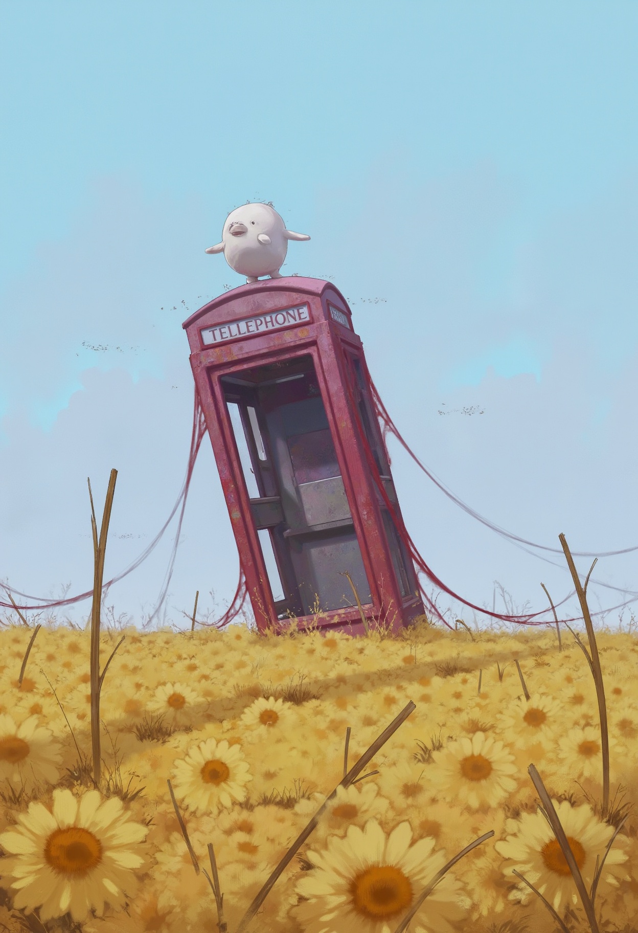 sc3n1ch0r1s0ns,  the image is a digital painting depicting a surreal whimsical scene,  a small vintage-style telephone boo...