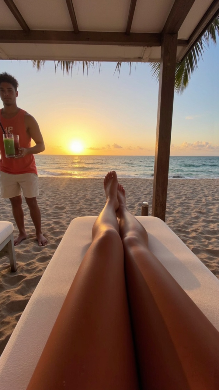 aidmaFemalePOV,  aidmahyperrealism,  Resting in a private cabana on a secluded beach on Tensor.Art