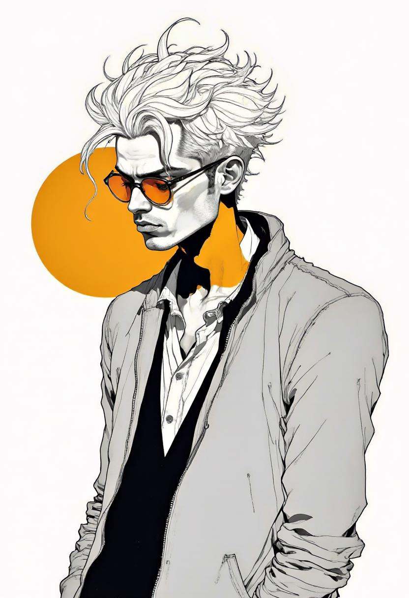 A digital drawing in a stylized,  modern art style. The subject is a young man with a striking appearance in an intricate...