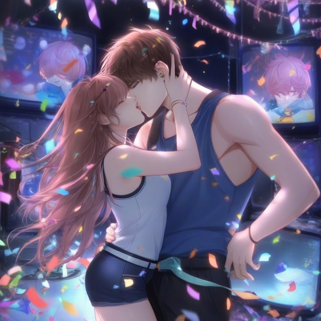 <lora:20241029-1730164497477:0.8>,The image shows a young couple passionately kissing in front of a computer screen. The girl has long pink hair and is wearing a blue **** top and black shorts. The boy has short brown hair and a black jacket. They are standing close together, with the girl's arm around the boy's waist. The background is filled with colorful confetti and streamers, creating a festive atmosphere. The overall mood of the image is romantic and playful.