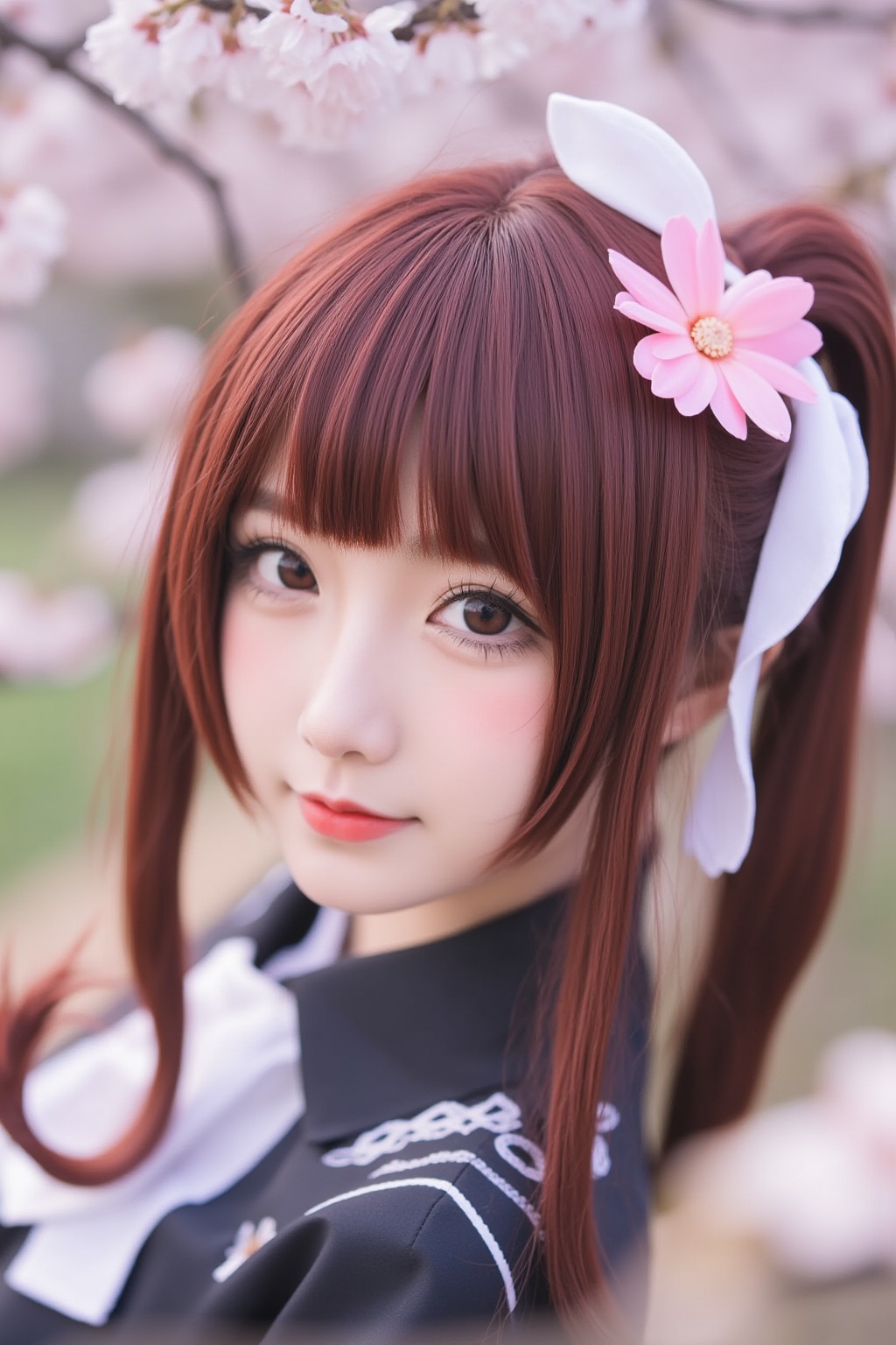 cosplay photography,cosplay photography,blurry foreground,depth of field,cinematic composition,close up,masterpiece,best quality,1girl,solo,brown hair,smile,brown eyes,white neckerchief,school uniform,pink flower,looking at viewer,serafuku,black shirt,cherry blossoms,hair bow,branch,outdoors,