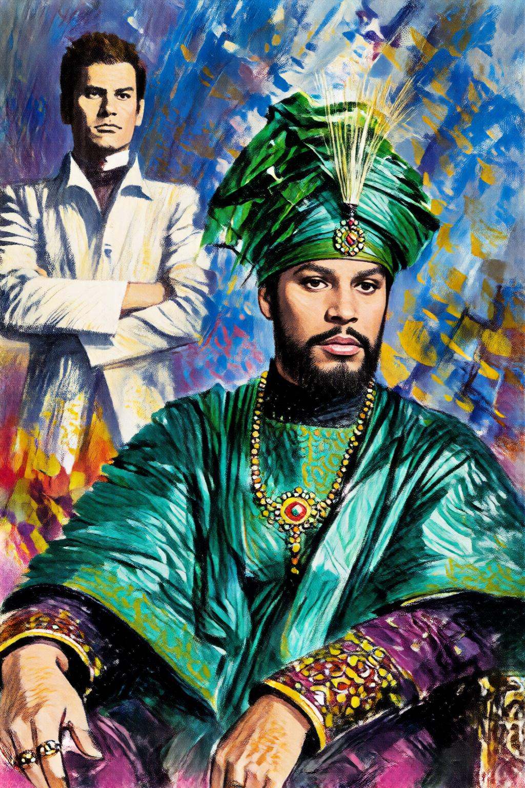 giannirenna2q illustration. In the foreground is a bearded African man with full lips,  in elaborate traditional attire,...