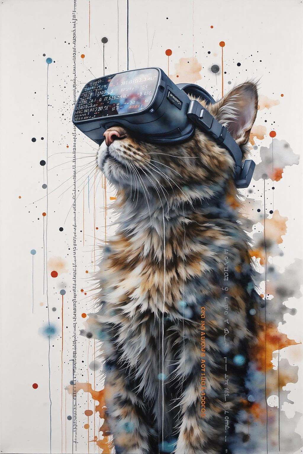 yawc1 watercolor. A matrix code waterfall is filling the screen,  double exposure with A cat playing game,  wearing a VR H...