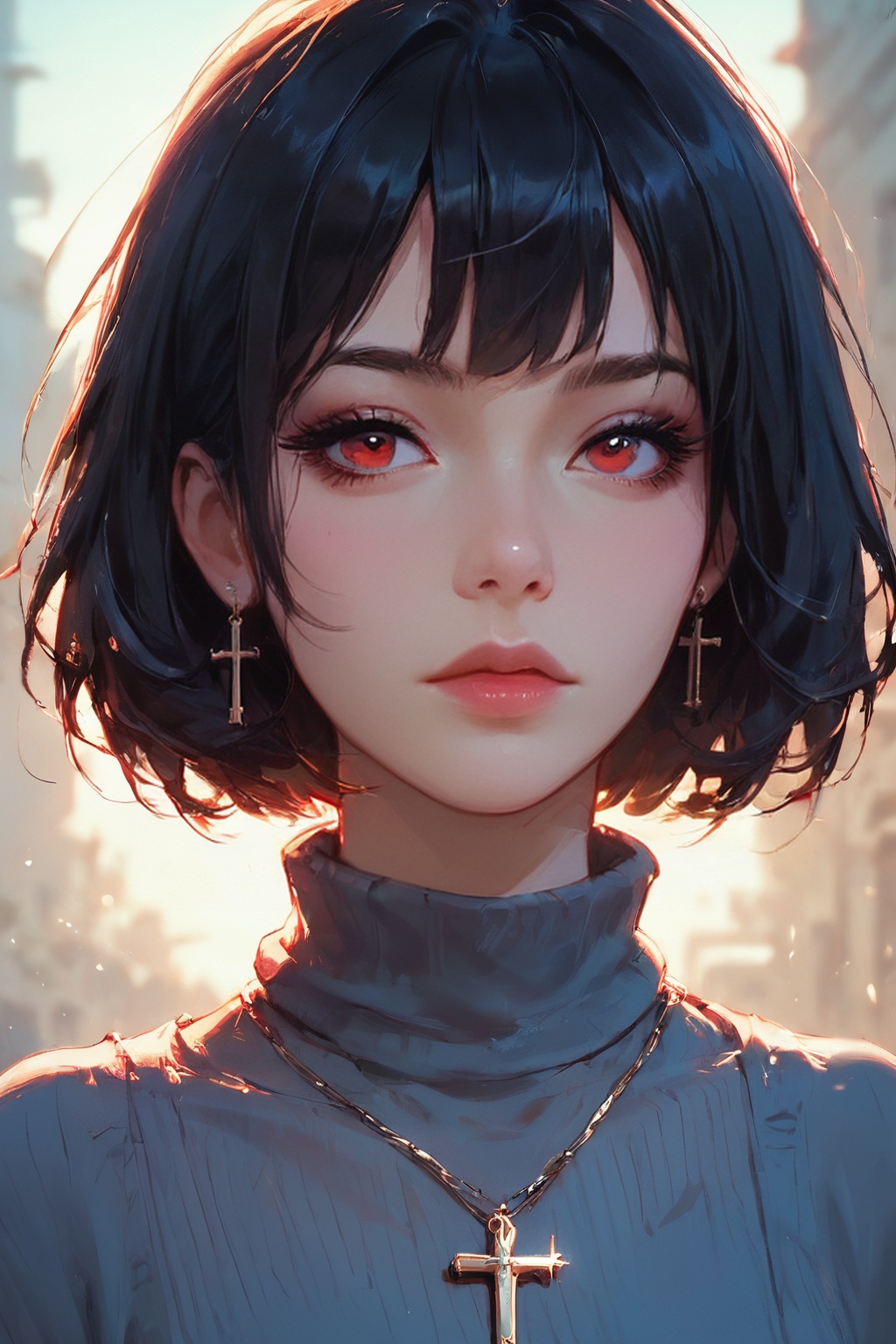 score_9,score_8_up,score_7_up,gthan, 1girl, solo, short hair, black hair, jewelry, looking at viewer, necklace, cross, portrait, bangs, red eyes, closed mouth, turtleneck, blurry background, cross necklace, lips, piercing, blurry, bob cut, eyelashes