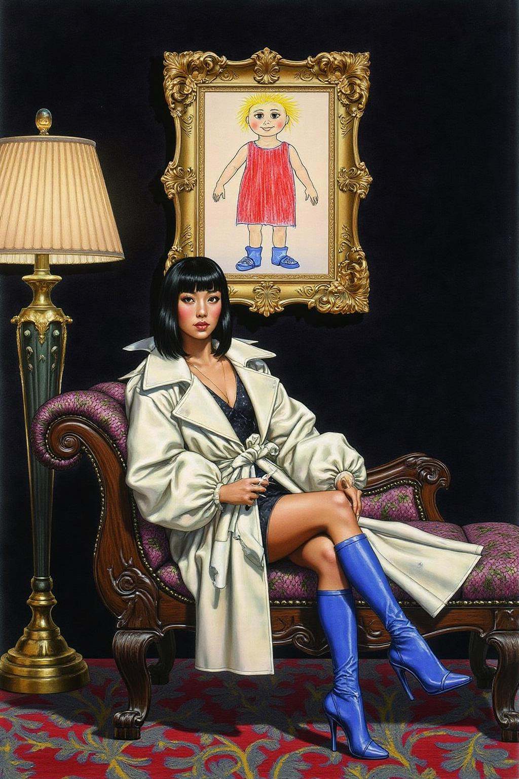 jole1 illustration.This is a high-resolution classical painting featuring a woman seated on an antique,  dark wooden chais...