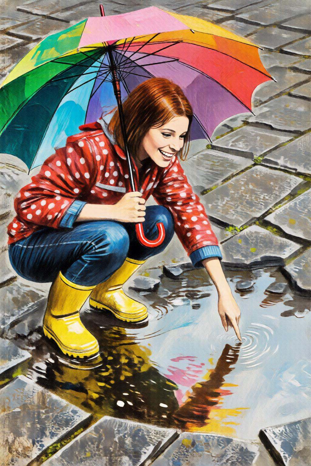 giannirenna2q illustration. High angle view of a young woman,  crouching low to the ground in a puddle. She is wearing bri...