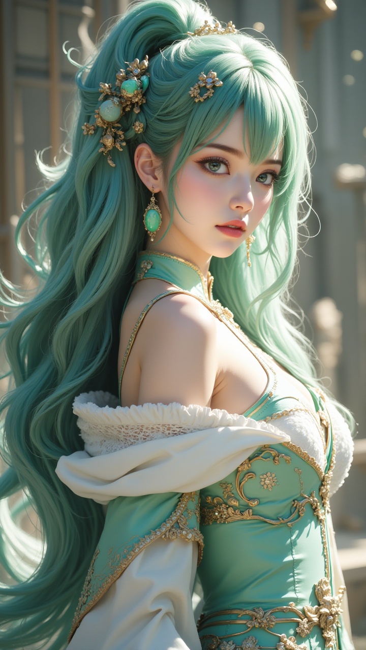 (masterpiece, best quality:1.2),Jade Maiden,1girl, aqua hair, bangs, breasts, dress, earrings,Light green eyes, green hair, hair ornament,Mesh bra,Extra long hair,Gold inlaid clothing,Abdominal gemstone decoration,White and green clothing,Side close-up, hair rings, jewelry, lips, long hair, looking at viewer, necklace, realistic, solo, upper body