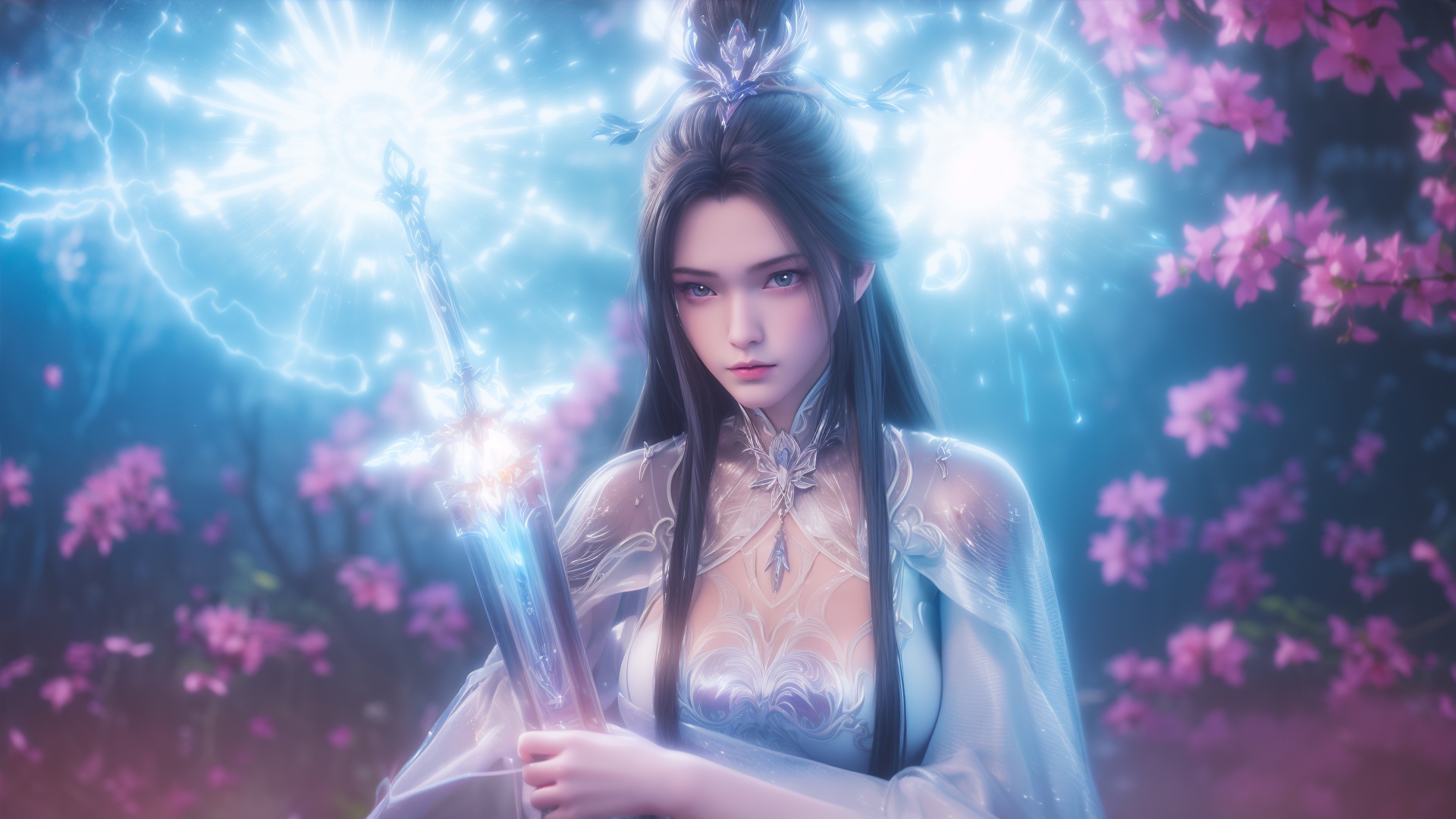 1girl,solo,l long hair,l hair bun,l hair ornament,l hanfu,closed mouth,(gigantic breasts),holding sword sheath,looking at viewer,outdoors,((magic,electricity)),((glowing)),day,sky,((sunlight)),((cherry blossoms)),romantic,fantasy style,depth of field,Highly detailed,(ultra-detailed),(best quality:1.5,masterpiece:1.5),(SFW:1.5),<lora:luxueqi-000012:0.85>,<lora:细节调整2.0:0>,