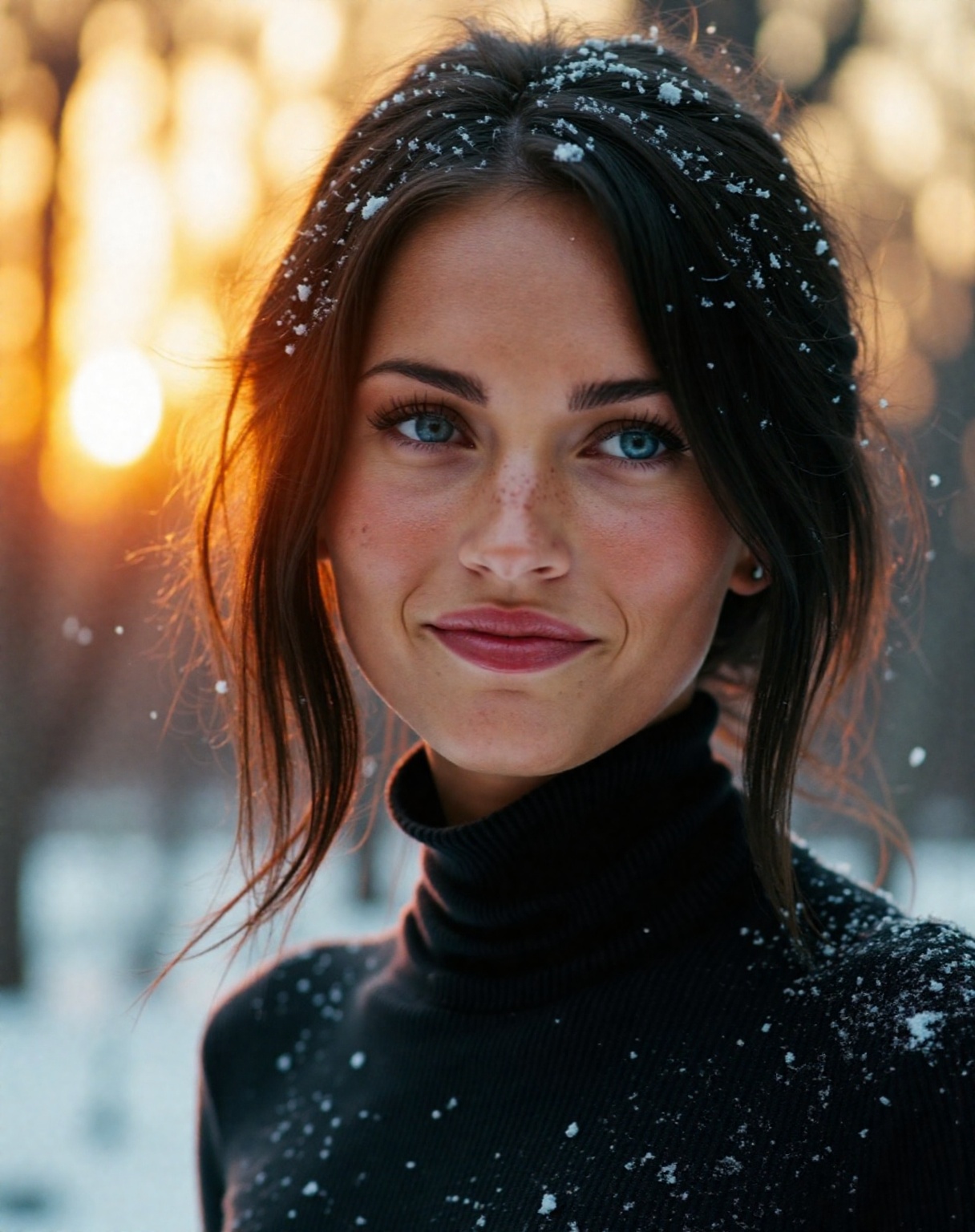 Megan Fox,  A strikingly beautiful woman in her early 20s is captured in a close-up portrait amidst the serene expanse of...