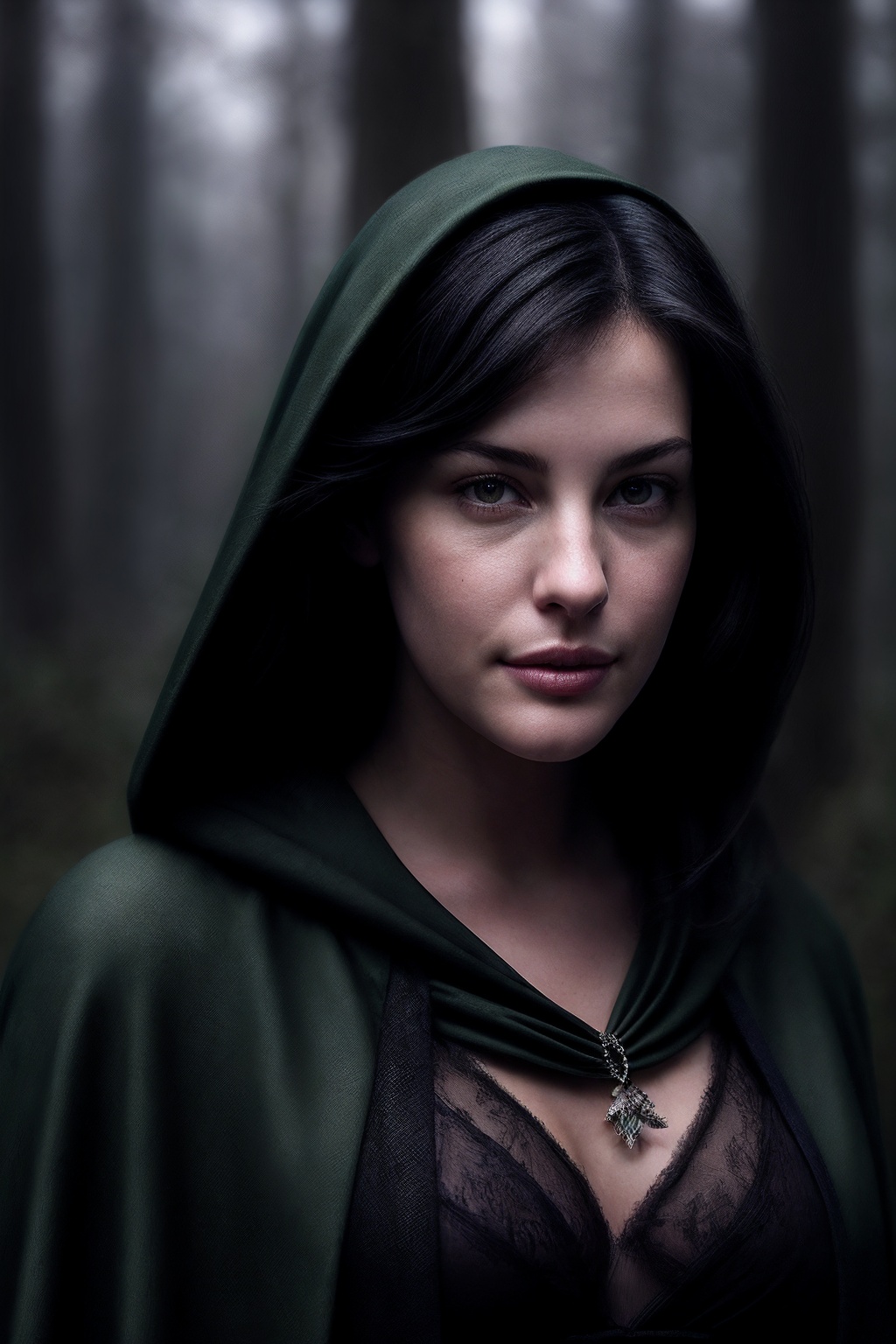 LivT_SoloTI_v1,  a beautiful woman,  (In a flowing dark green cloak fastened with an ornate silver brooch on Tensor.Art