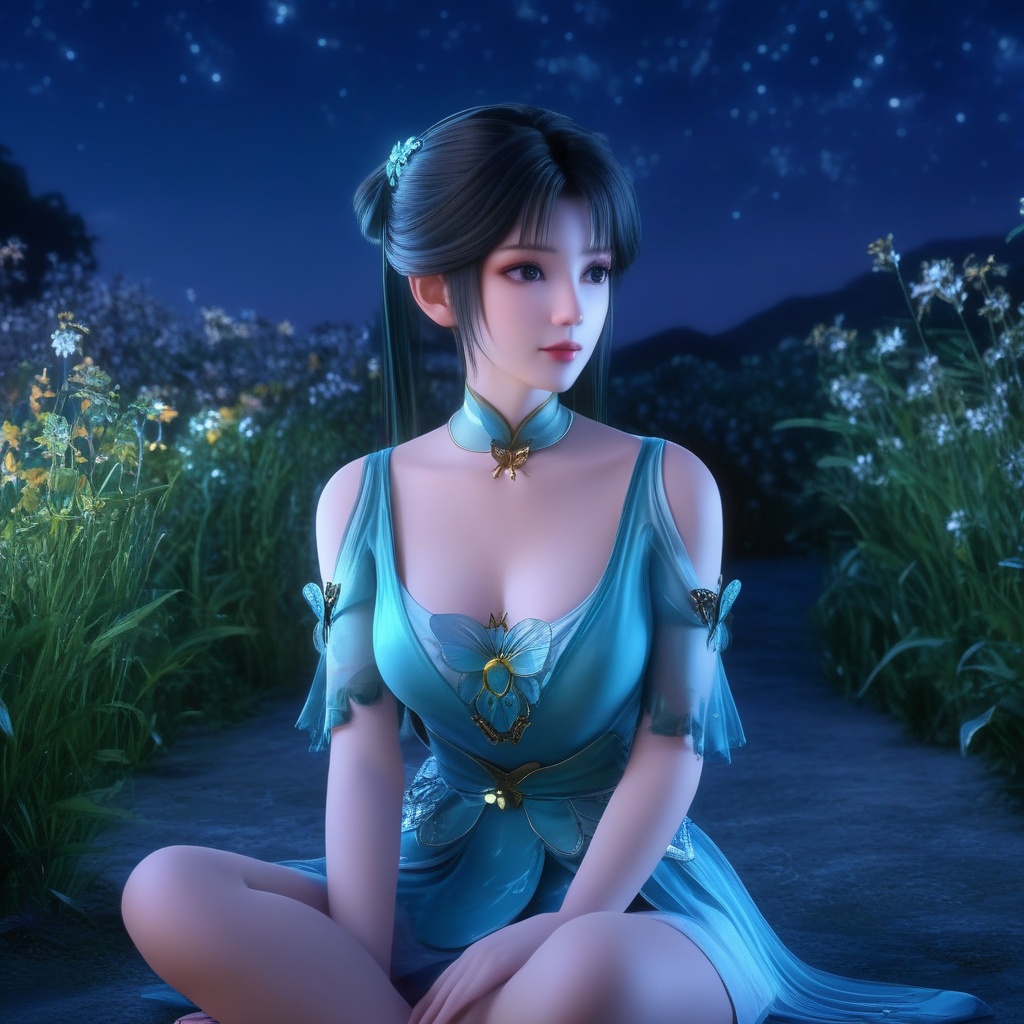 <lora:834-DA-XL-诛仙-碧瑶:0.8>, (,1girl, ,best quality, ),,  ,ultra realistic 8k cg, ,masterpiece, (( , )),,  fiction,mole, , ,      ,, 1girl,butterfly sitting,  night, star_\(sky\)(cleavage),,