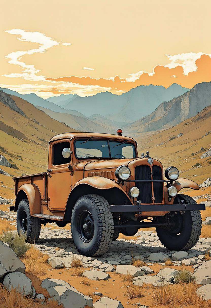 A digital drawing featuring a high-resolution drawing off-road pickup old rusty truck in a stunning natural landscape. The...