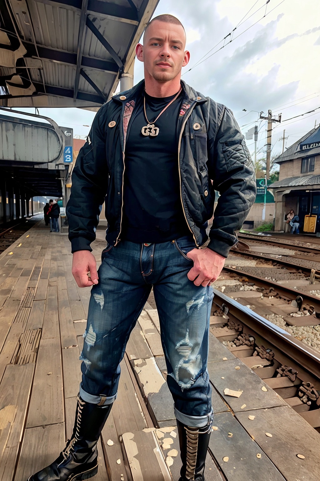 rail station,  railroad platform,  skinhead on Tensor.Art