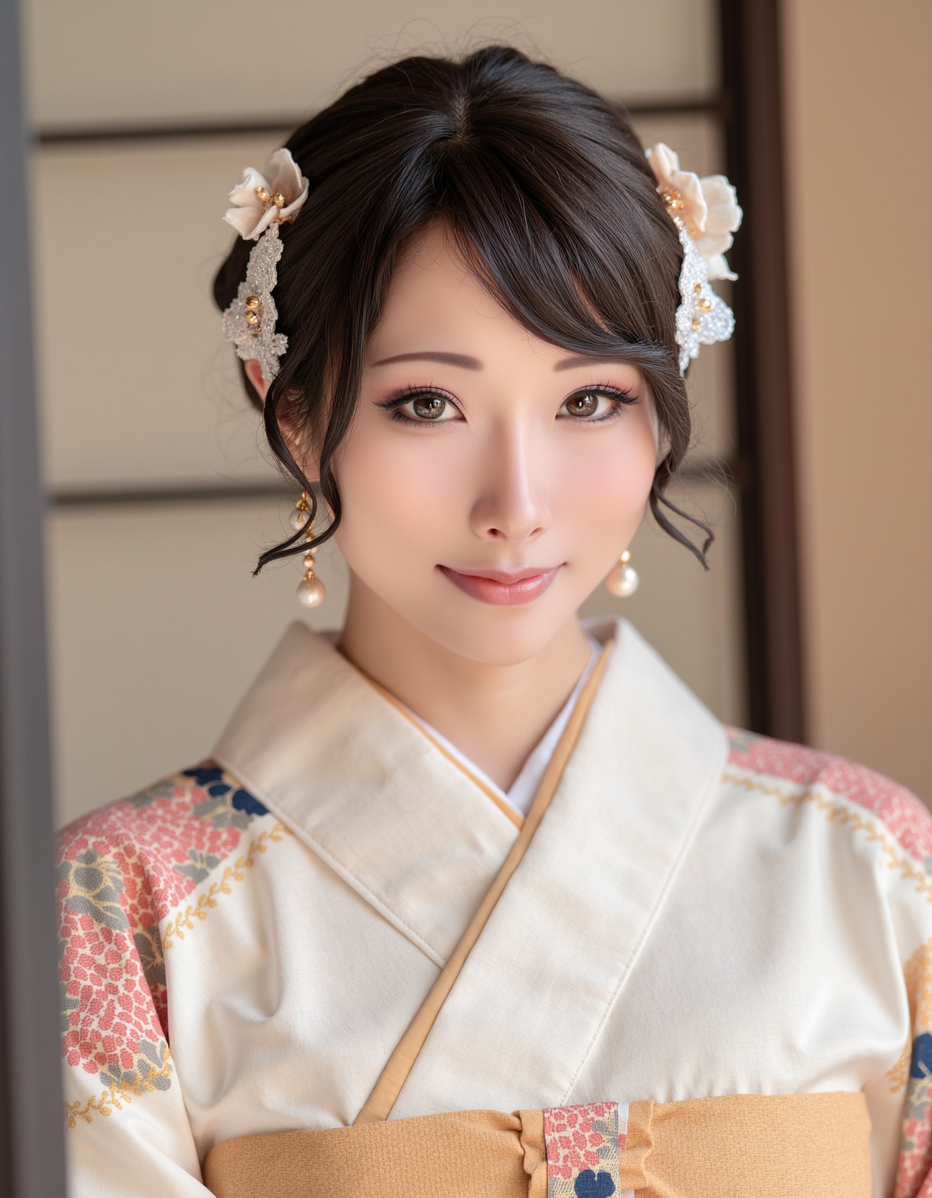A professional portrait of haneAme wearing a traditional kimono. She is dressed in a richly detailed kimono with intricate...