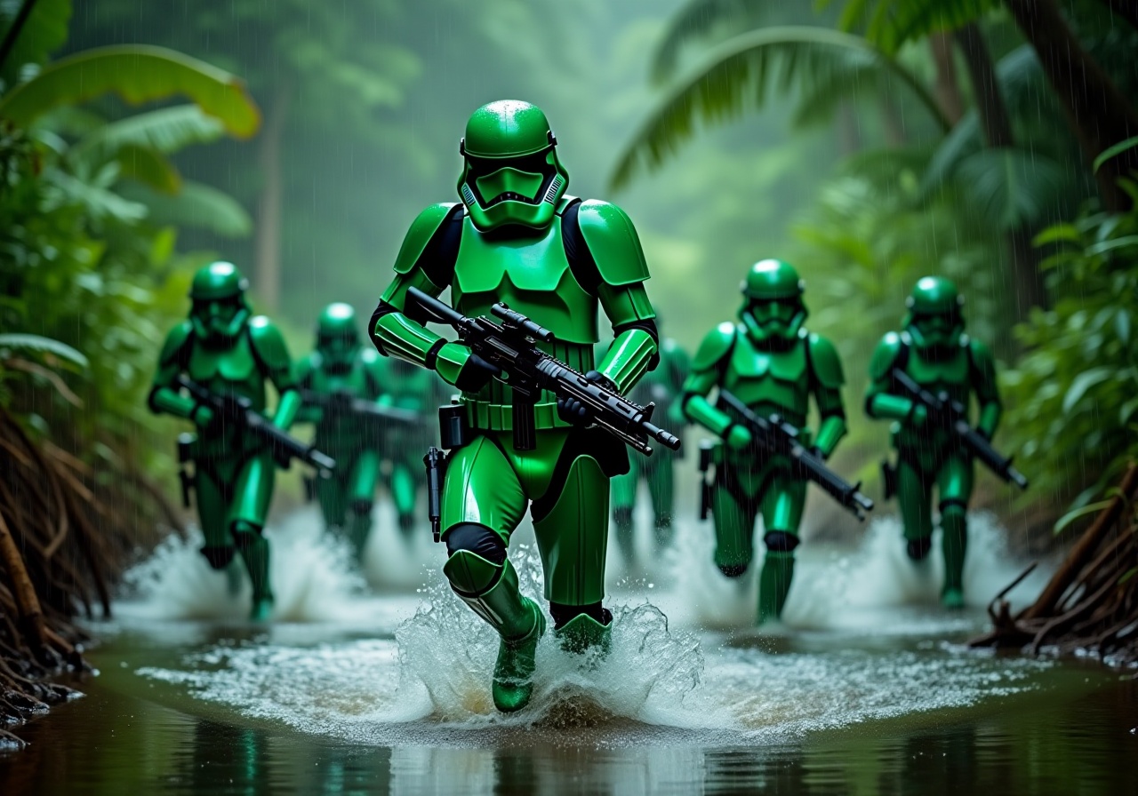 StormTrooperFlux,  The image depicts a group of stormtroopers in green hazel dust mood paint uniforms engaged in combat. T...