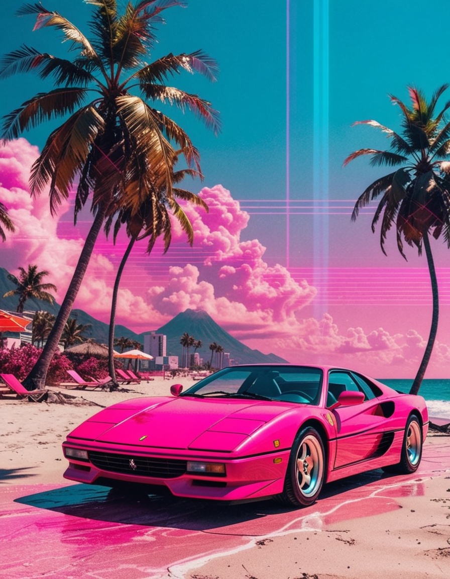 OhNoSynthwave,  ferrari testarrosa,  tropical beach on Tensor.Art