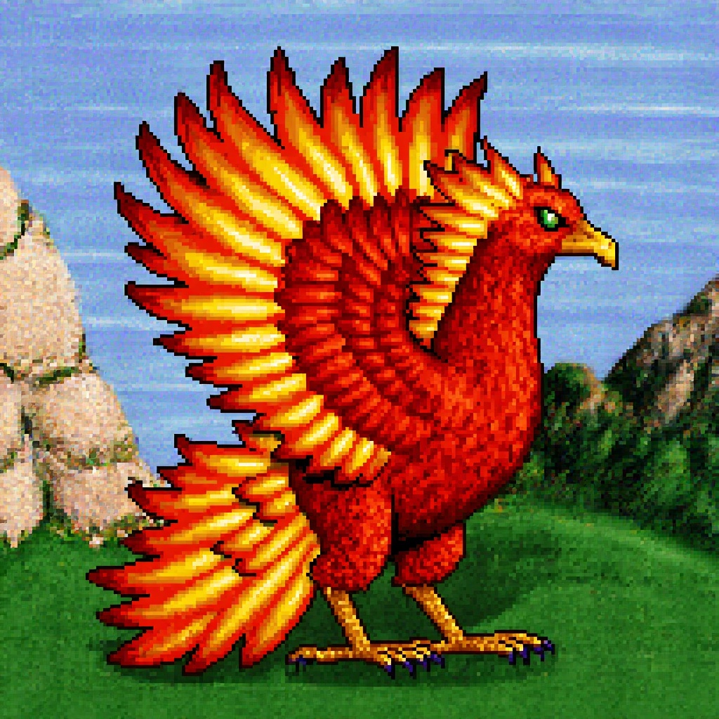 Original HoMM2 style full-height Phoenix creature on a sorceress faction background,  sorceress creature,  sorceress facti...