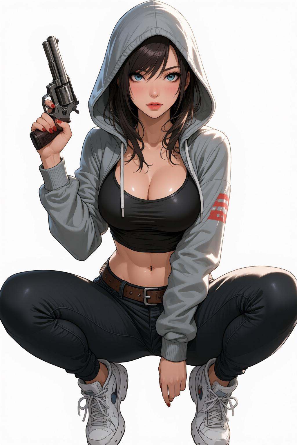 nijimix6q anime style illustration.Woman wearing a hooded,  grey sweatshirt and a black **** top underneath exposesher mid...