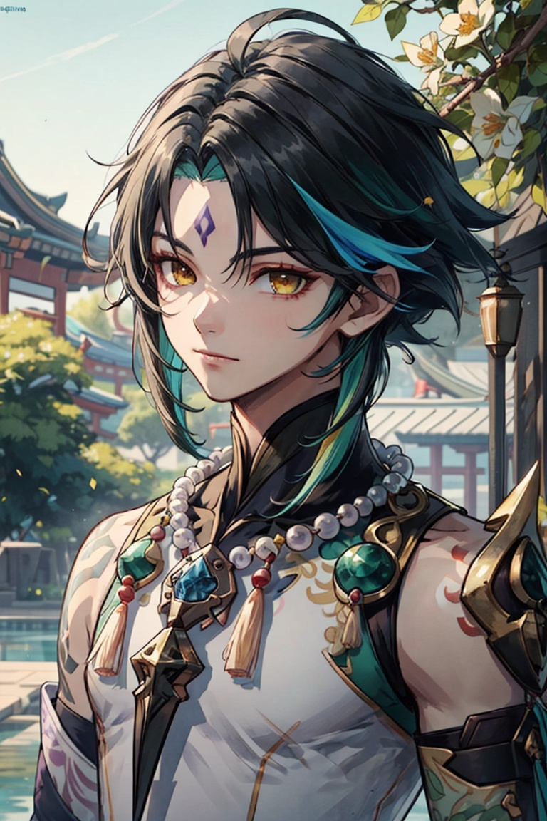 <lora:xiao:0.8>,xiao (genshin impact),1boy,solo,male focus,arm tattoo,tassel,yellow eyes,forehead mark,multicolored hair,black hair,green hair,closed mouth,ahoge,green gloves,bangs,asymmetrical clothes,outdoors,looking at viewer,white flower,tree,upper_body,bead_necklace,diamond purple solid mark,