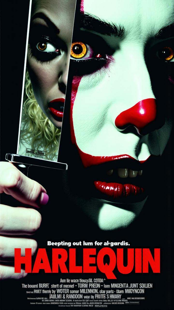 classicposter. This is the movie poster for a movie Titled "Harlequin" in a scary font. showing a closeup on face and mout...