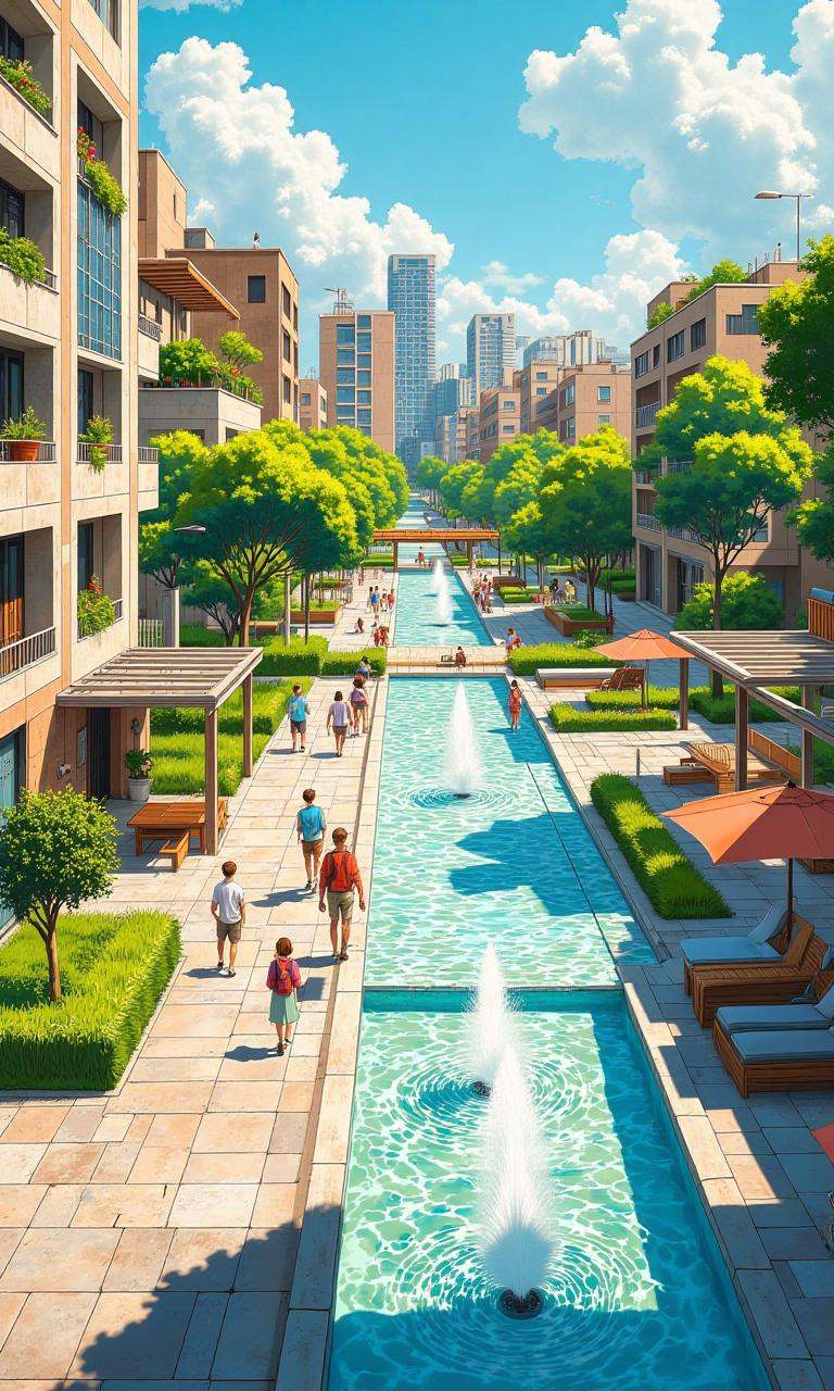 Illustration style. An area of ​​Madrid in the near future adapts to heating through low-tech solutions. Buildings are mad...