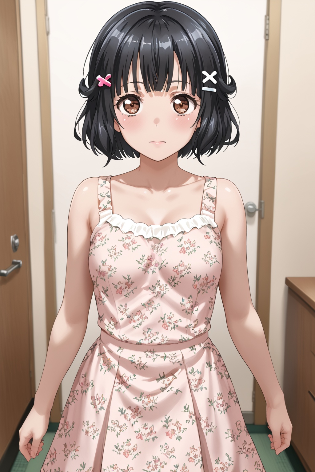 1girl,   Ushigome Rimi,short hair, bangs,black hair, hair ornament,brown eyes,hairclip,x hair ornament<lora:limei:0.8>