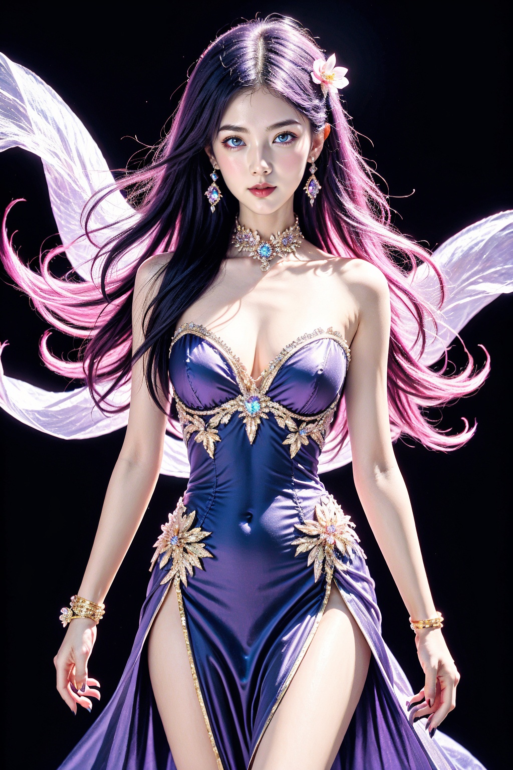 1girl, breasts, jewelry, solo, dress, earrings, looking at viewer, long hair, hair ornament, black hair, purple dress, bare shoulders, bracelet, flower, medium breasts, pelvic curtain, covered navel, cowboy shot, hair flower, multicolored hair, cleavage, side slit, strapless, nail polish, purple hair, standing, strapless dress, purple eyes, detached collar, glint, thighs, gem, purple gemstone, sparkle, purple nails, parted lips, glitter, pink gemstone, armlet, closed mouth, sleeveless dress, blue eyes, purple flower, two-tone hair, blush, floating hair, lips, choker, pink hair, black background, gradient hair, collar, collarbone