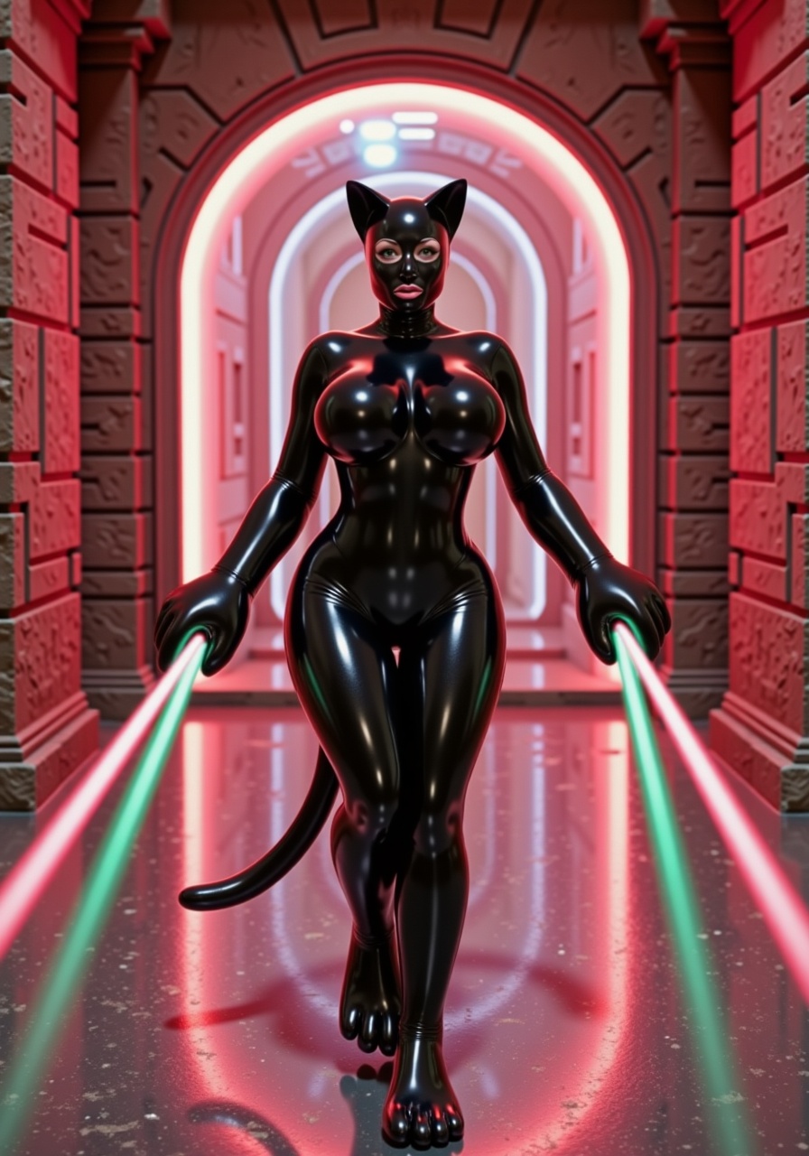 Full body shot of Latexkitty. She is dodging lasers in an alien temple. The bright,  pulsating light from the lasers casts...