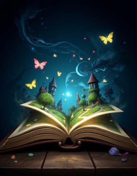 The image is a digital illustration of an open book with a dark background. The book is lying on its side on a wooden surf...