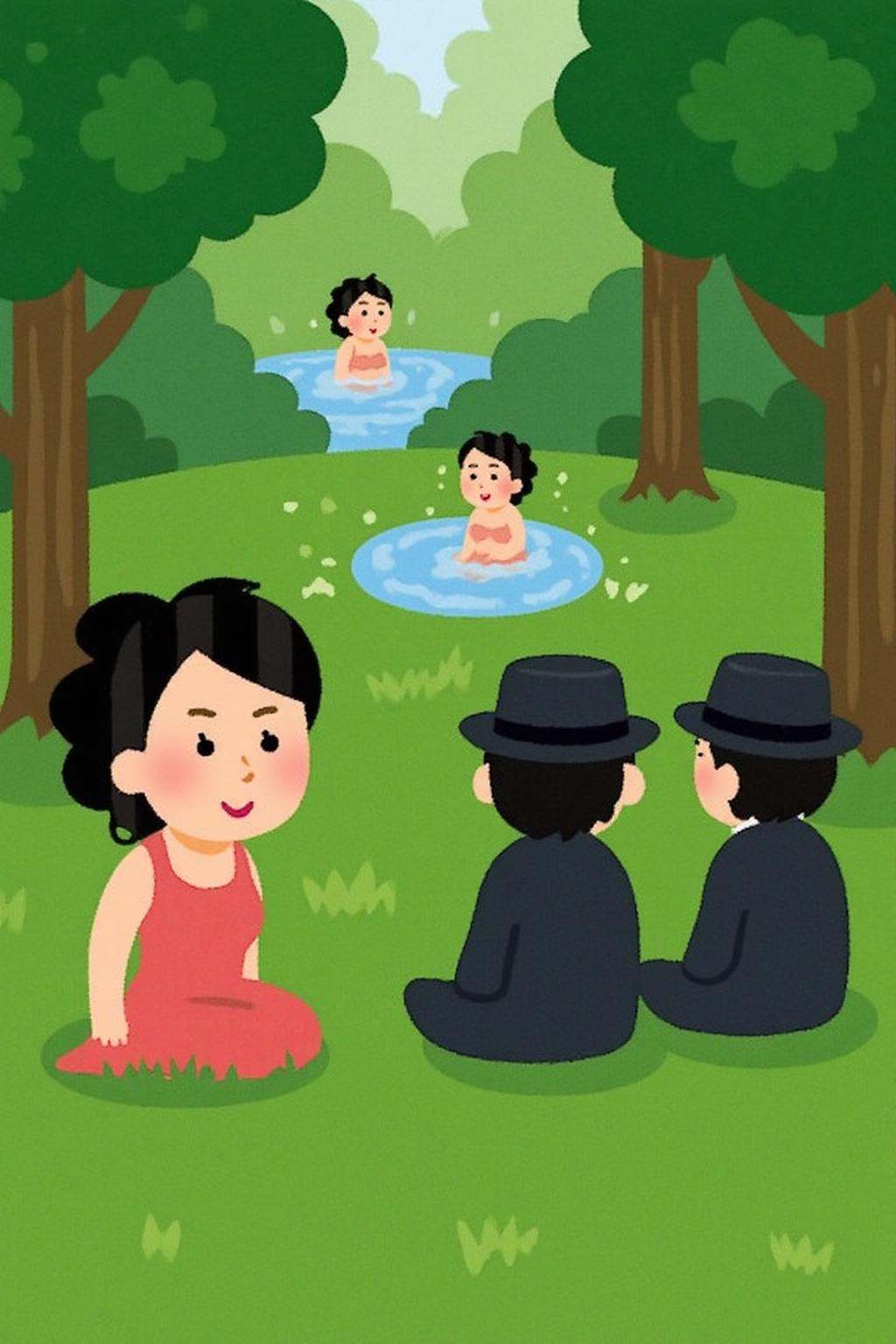 irasutoya1 illustration.A picnic scene set in a lush,  green woodland clearing. On the left is a woman,  shown in side pro...