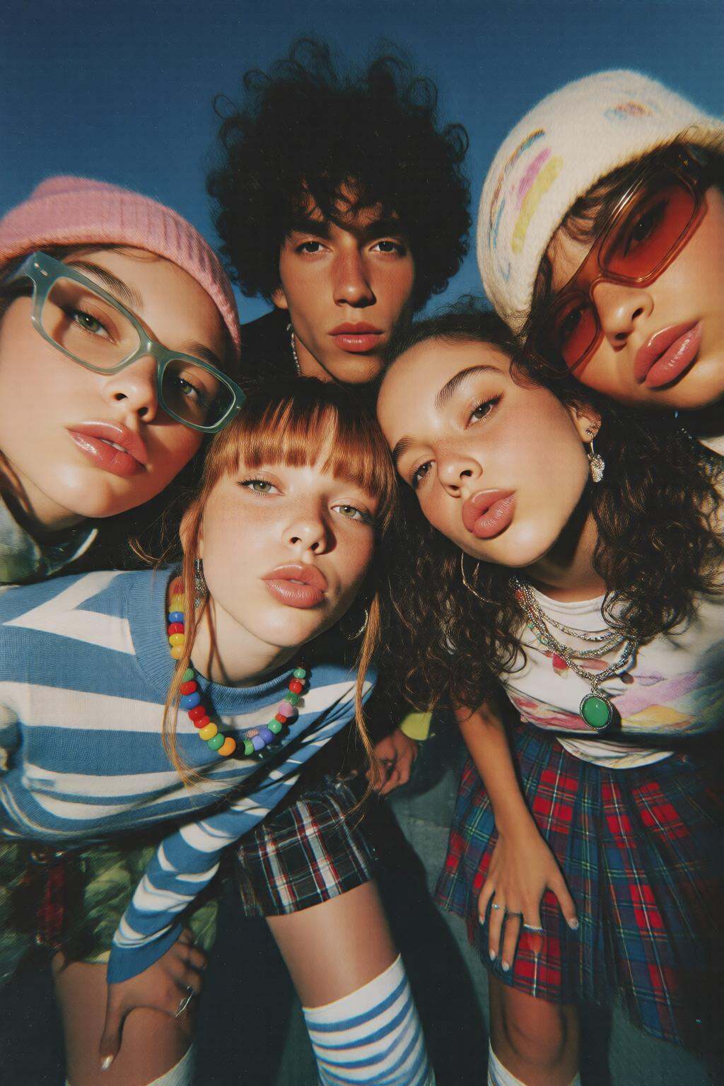 midjourneylowangle11q Low angle shot. A group of four young women and a young man,  each wearing colorful and stylish clot...