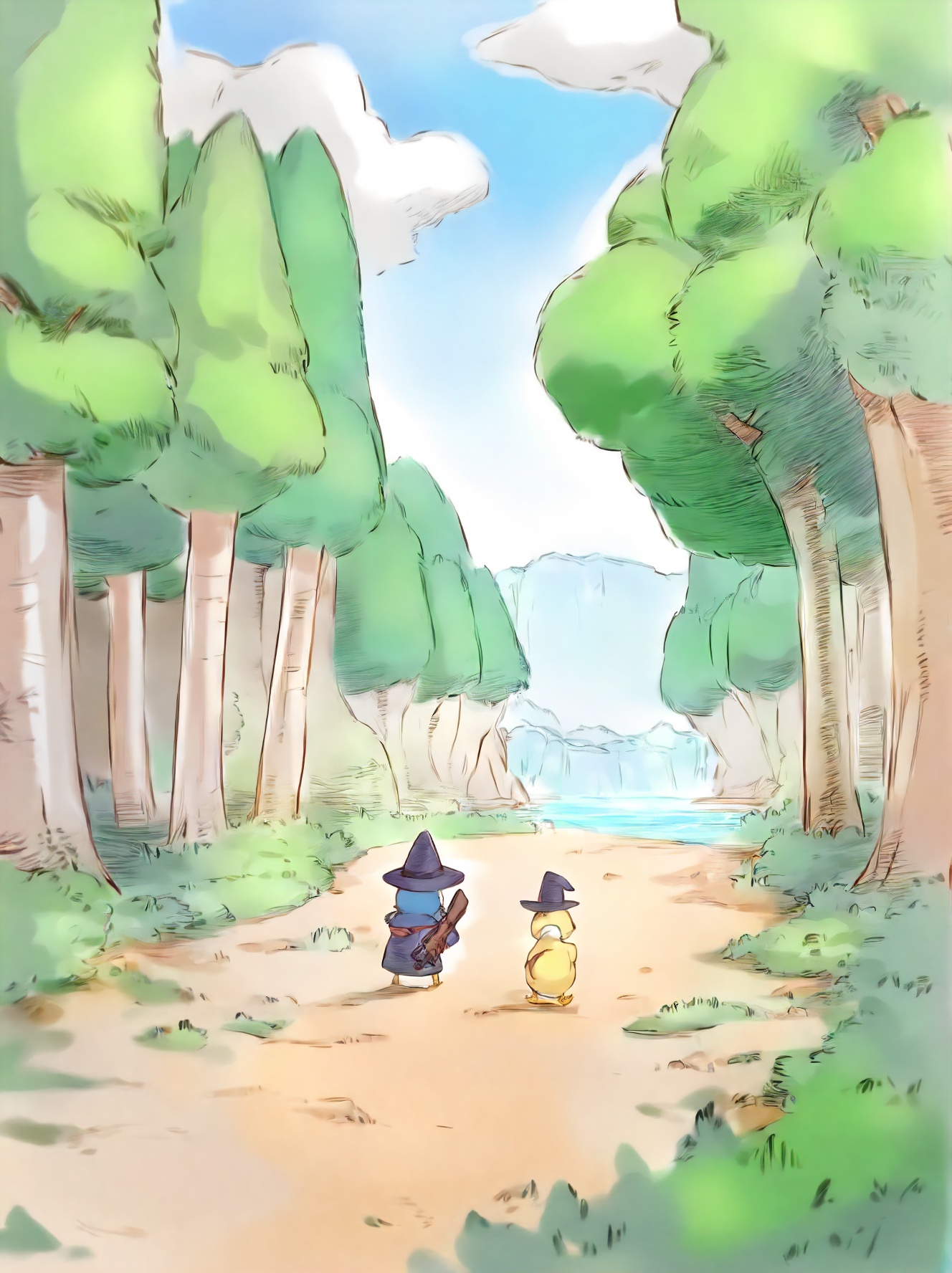 gochisousama \(tanin050\), (tsukareta san:0.7835), (cutesexyrobutts:0.614), no humans, scenery, holding weapon, standing, sky, day, tree, animal focus, from behind, holding, traditional media, crossover, weapon, holding gun, water, outdoors, blue sky, animal, hat, duck, gun, black headwear, bird, mountain, wide shot, grass, witch hat, walking, day and night, rifle, forest, nature, masterpiece, best quality, safe