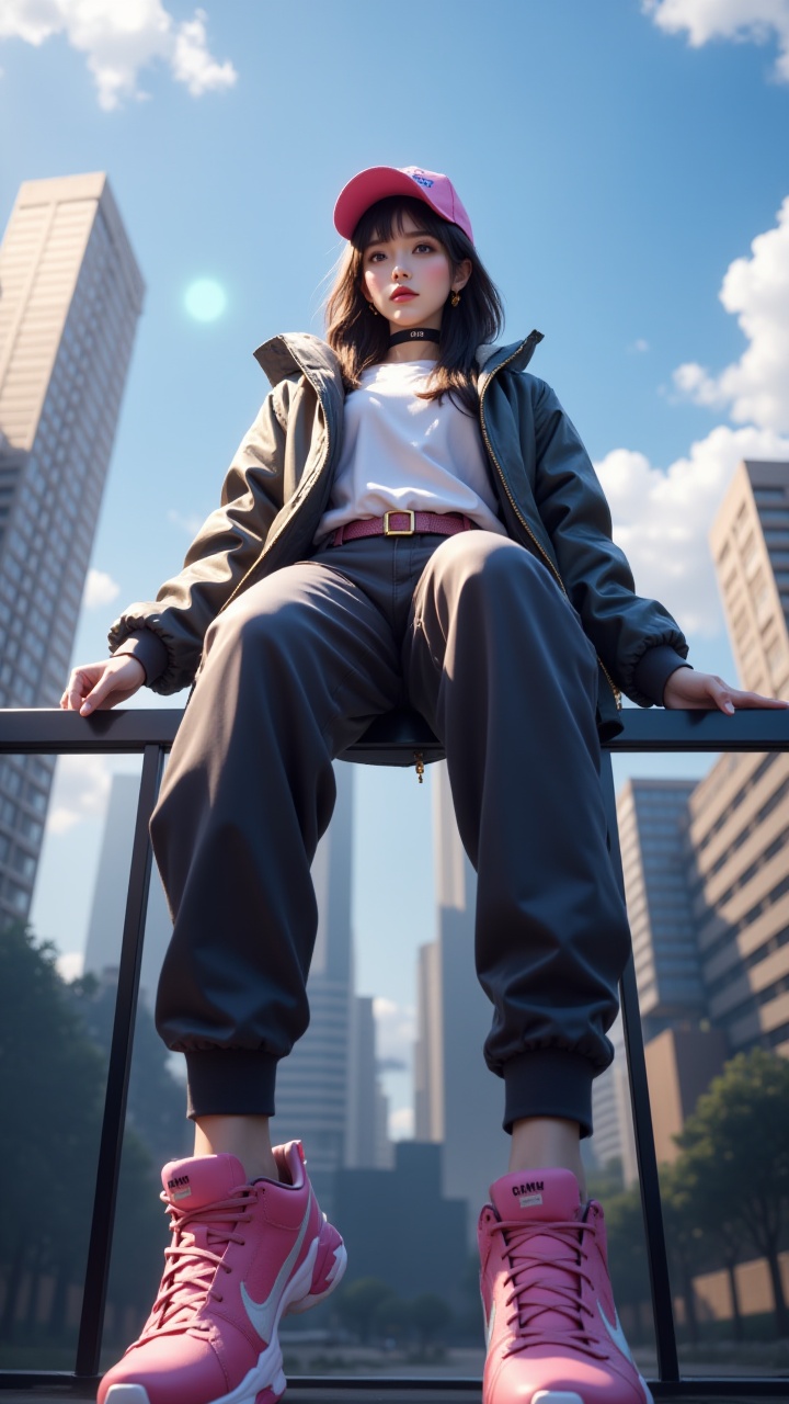(Masterpiece, Best Quality:1.2),1 girl,baseball cap,black hair,choke,earrings,looking from bottom to top,**** of shoes,shoes close to camera,full body,hooded shirt and pants,sitting on a glass wall,hat,jacket,long hair,belt around pants,pink sports shoes,looking at the audience,outdoor,skyscrapers,sports shoes,single person,blue sky,blurry background,buildings,cities,clouds,cloudy sky,depth of field,glow,Hazy light,Floodlight,High brightness contrast,