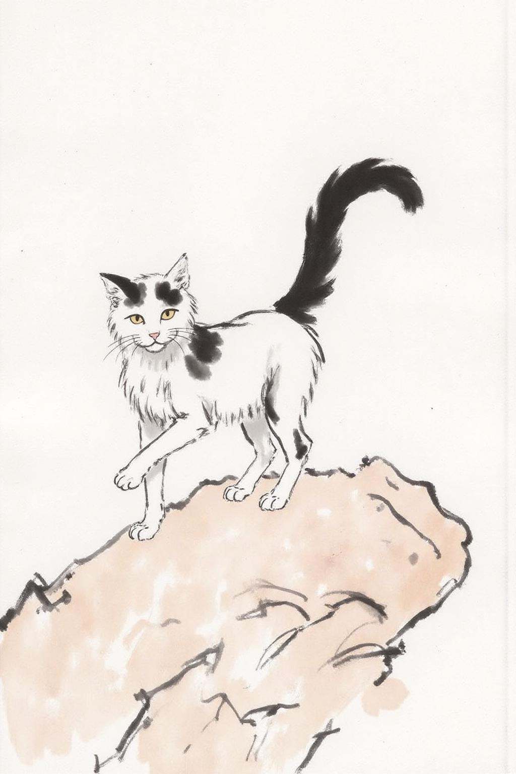 xbh1 ink wash painting. A cat standing on a rock. on Tensor.Art