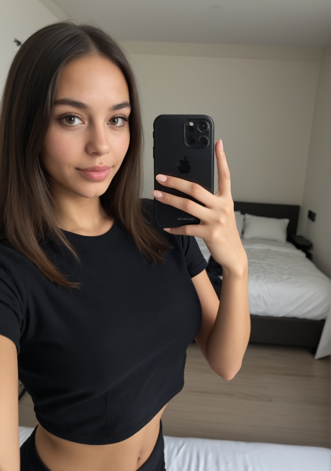 a brazilian normal woman wearing a black blank tee,  taking a selfie top view,  as an influencer on Tensor.Art