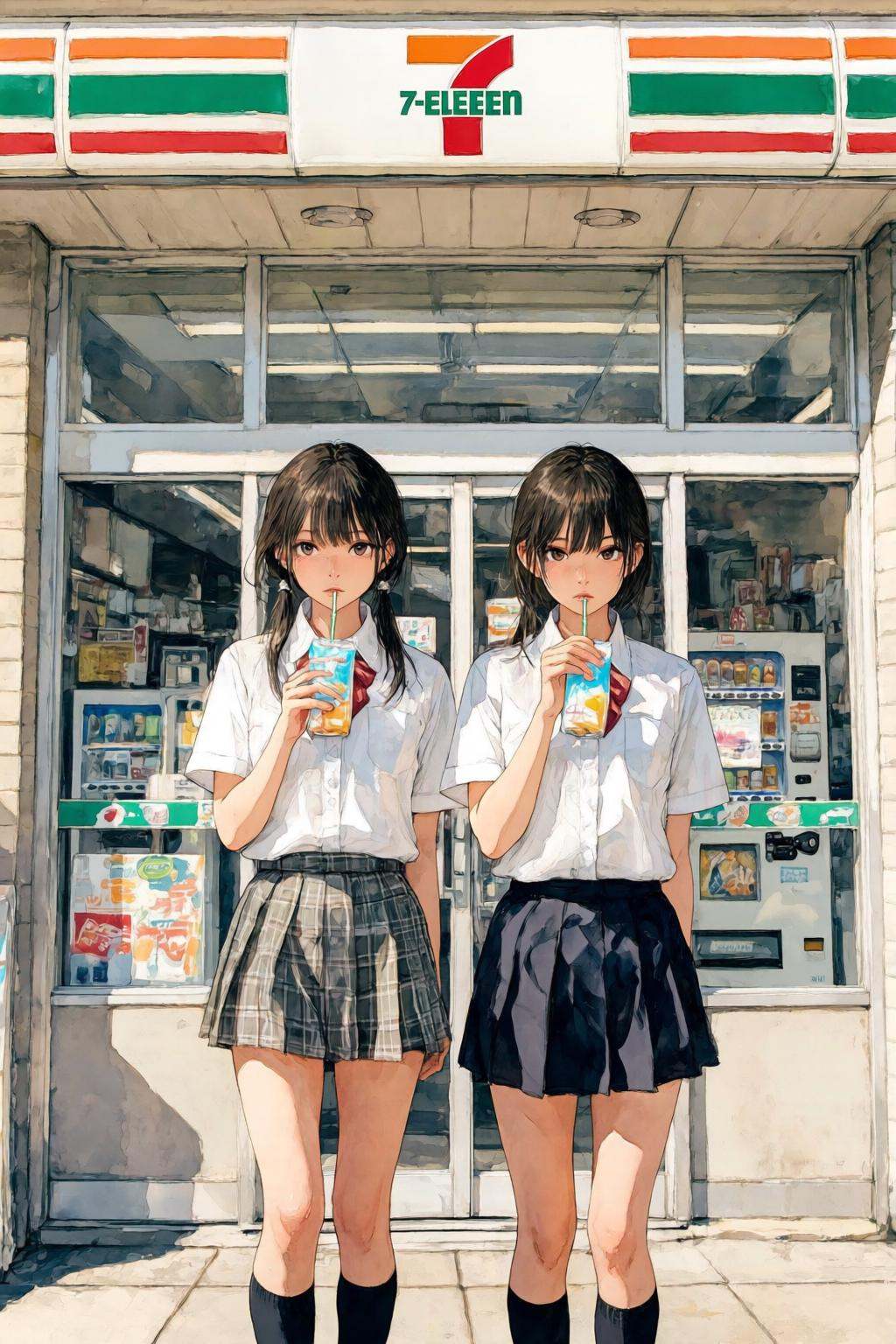 nijiwatercolor1q anime illustration. Japanese schoolgirls in crisp,  white short-sleeved shirts,  plaid mini-skirts (two g...
