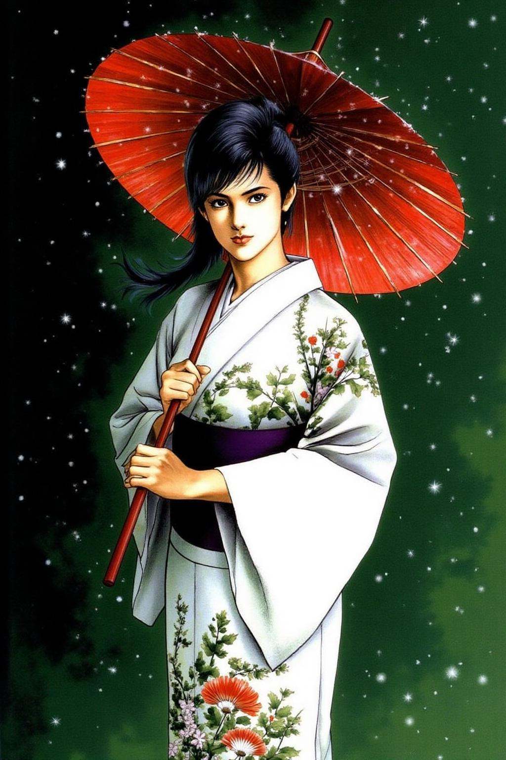1keryo illustration.A woman standing against a dark green,  gradient background that simulates a night sky with snowflakes...