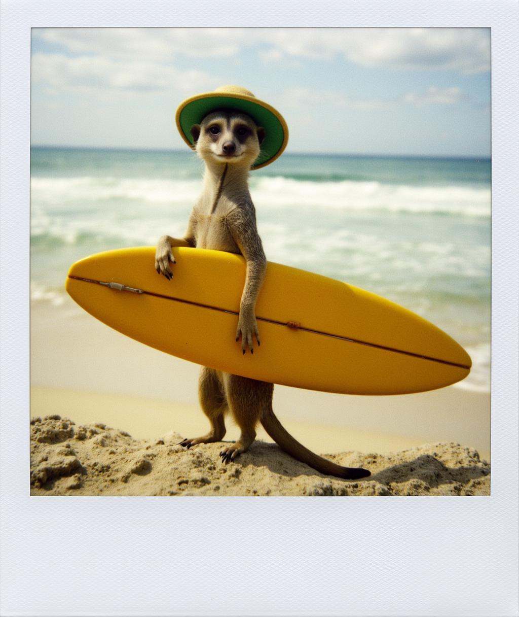 Polaroid frame of An antropomorphic meerkat wearing a surfers hat and carrying a surf board on Tensor.Art