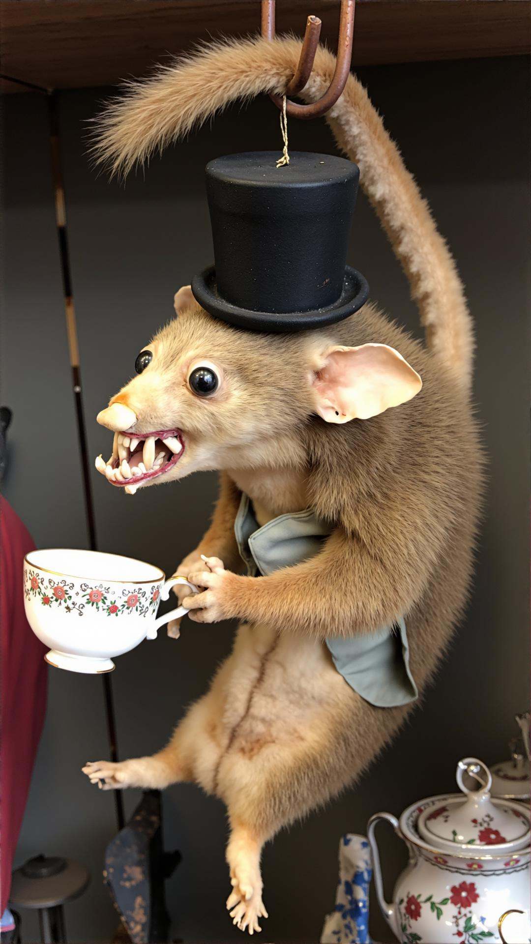 A photo of a badtxdrmy,  bad taxidermy,  A poorly taxidermied opossum on Tensor.Art