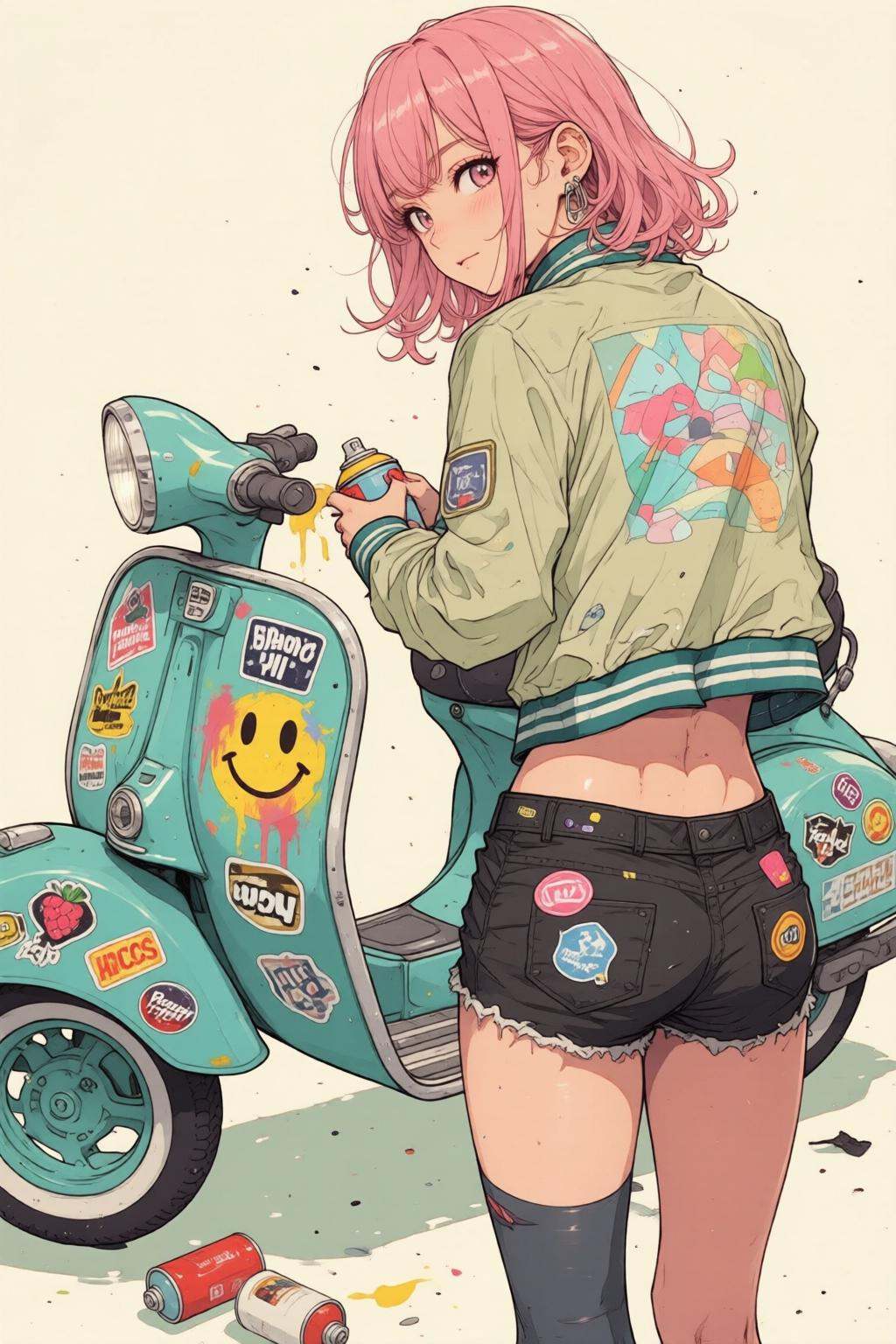 nijimix6q anime style illustration. Digital illustration. Backview of a young woman with pink hair,  wearing a light-color...